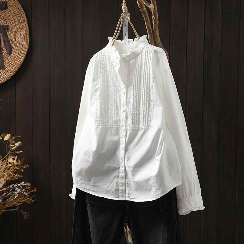 Blouses - ブラウス レディース フリル襟 スタンドカラー プリーツ 綿 コットン 長袖 ゆったり 体型カバー シンプル 無地 春秋 ブラック ホワイト