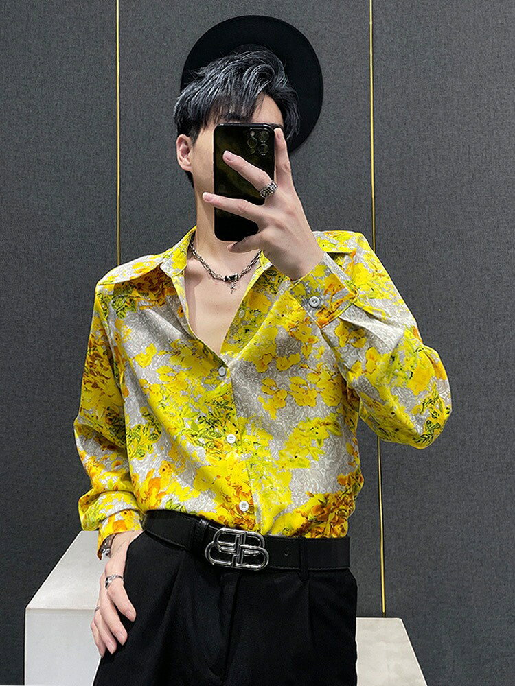 花柄 カラー シャツ 12カラー 柄シャツ トップス 長袖 アロハシャツ ゆったり 男性服 アメリカ 黄色 イエロー 春秋 春カラー ファッション フォト フラワー ペイズリー柄 ノーアイロン