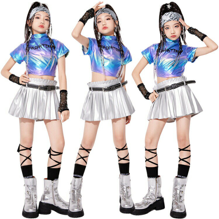 Rakuten - シルバー キッズダンス衣装 女の子 セットアップ 変色 キラキラ ステージ衣装 ダンス衣装 k-pop ガールズ へそ出し トップス 半袖 チーム ダンス発表会 ジャズダンス ブリースカート