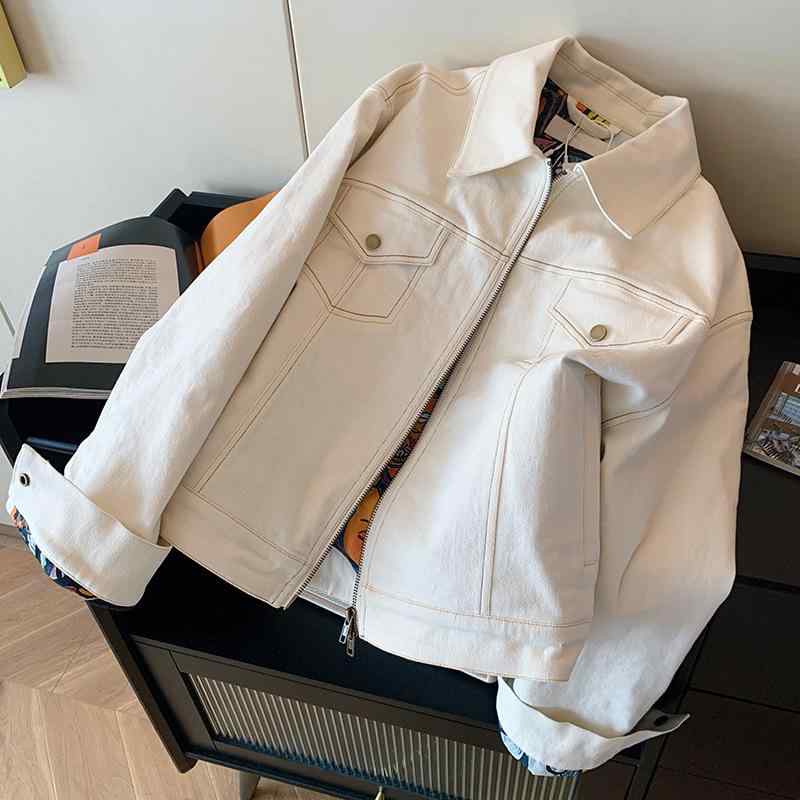 Rakuten - デニムジャケット レディース ホワイト カラー ステッチ ゆったりシルエット シンプル 気品 フィット 春秋 軽量 普段使い カジュアル