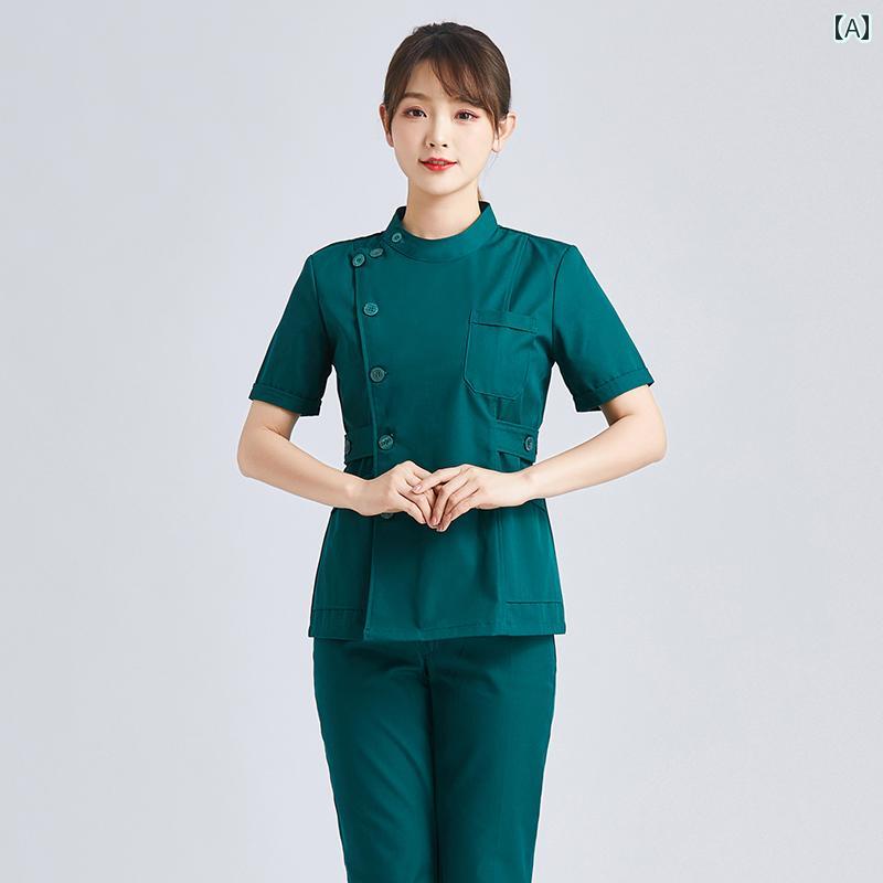 ナース服 大きいサイズ レディース メンズ トップス パンツ セット 春夏 長袖 半袖 スタンドカラー 丸襟 ボタン ポケット 通気 ソフト 色褪せにくい シンプル 無地 作業 救急 手術室 紫