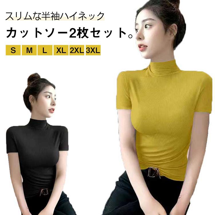 Rakuten - 2枚セット 半袖カットソー ハイネック トップス レディース tシャツ カットソー 半袖 ハイネックカットソー インナー 無地 ストレッチ 伸縮性 おしゃれ 春 大きサイズ 秋 夏