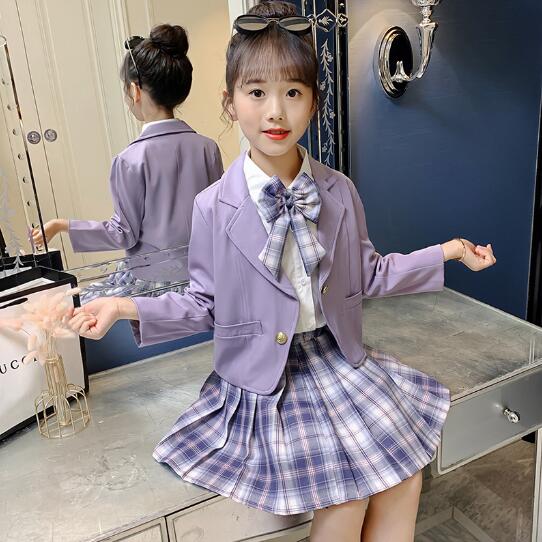 Rakuten - 人気 子供服 女の子 スーツ フォーマル セットアップ チェック柄 プリーツスカート キッズセット 長袖 おしゃれ 可愛い ブレザー+スカート+リボン 3点セット ピアノ 結婚式 卒業式 通学