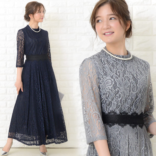 Rakuten - パーティードレス ロングワンピース 総レース シースルー袖 長袖 ロング丈 結婚式 披露宴 二次会 お呼ばれ ベージュ 黒 ブラック グレー ネイビー 4 30代 ワインレッド20代 グリーン