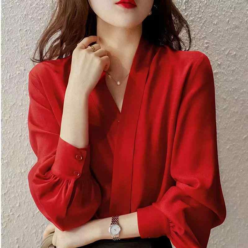 Blouses - 春 コーデ レディース ファッション オシャレ アイテム カワイイ シンプル きれい ナチュラル 上品カジュアル 用 赤 シフォン Vネック シャツ 服 トップス 長袖