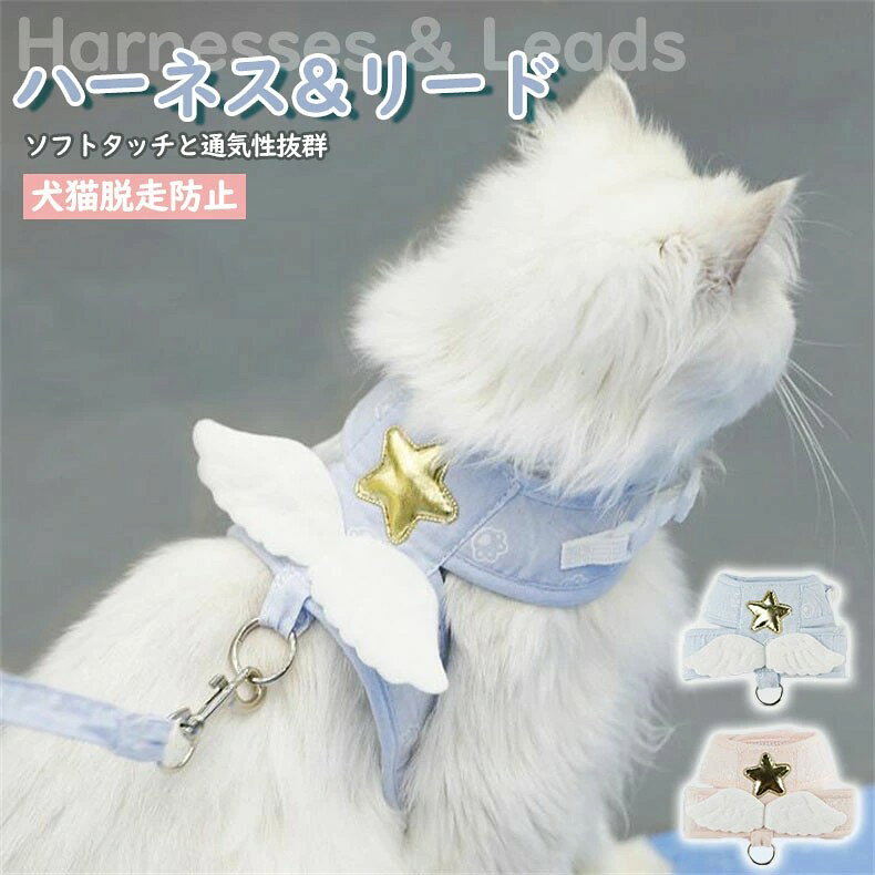 ハーネス リード セット 猫 犬 可愛い 胴輪 小型犬 中型犬 大型犬 おしゃれ 2点セット 着脱簡単 引っ張り防止 天使 リード付き 子犬 超小型犬 マジ ウェアハーネス 抜けない お散歩