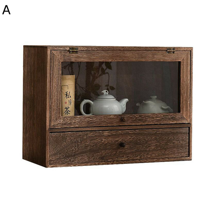 Rakuten - 木製棚 茶器収納棚 茶キャビネット ティートレー ディスプレイラック 防 カバー 透明ドア 小さい スパイスラック 珍品棚茶器 アンティーク棚 熟練 多機能 ティー用品収納棚 多機能収納