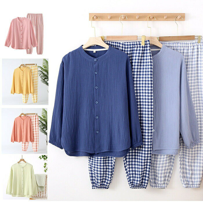 Rakuten - メンズパジャマ ダブルガーゼ カップル 女性 レディース パジャマ 部屋着 恋人 襟なし 前あき 綿 ガーゼパジャマ ルームウェア メンズ ダブルガーゼパジャマ 秋 夏 チェック柄 コットン