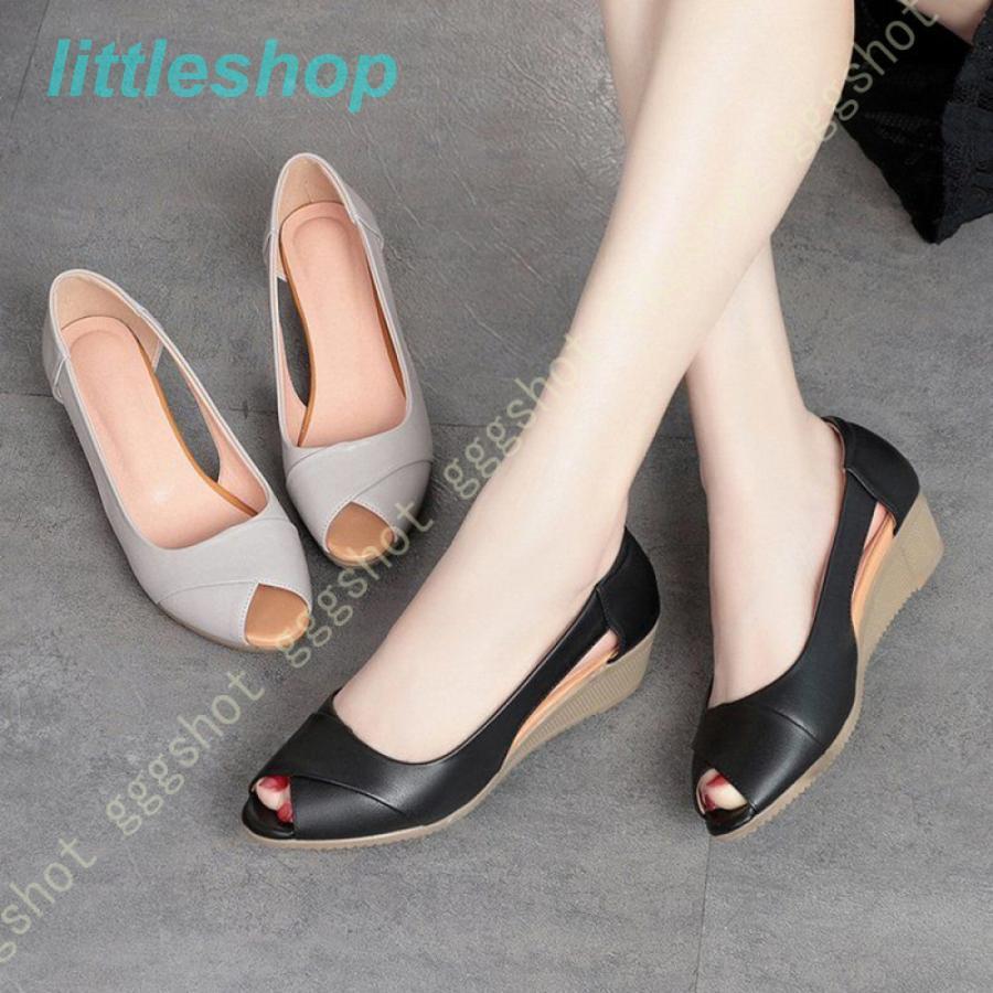 Shoes - パンプス オープントゥ 夏 ナースシューズ 疲れにくい シンプル レディース 通勤 オフィス 大きいサイズ 黒 ウェッジソール 疲れない 柔らかい