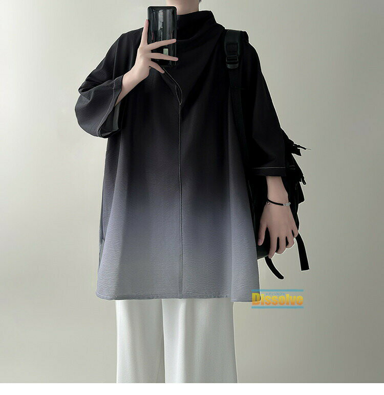 Tシャツ メンズ おしゃれ 七分袖Tシャツ モックネック グラデーション ティーシャツ 7分袖 五分袖 トップス 薄手 ビッグシルエット 夏 大きいサイズ 涼しいTシャツ ゆるTシャツ