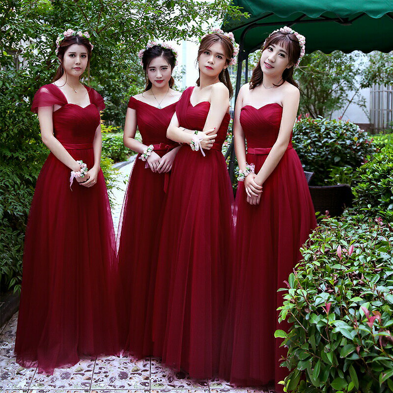 Rakuten - ブライズメイドドレス 赤 パーティードレス ロング 結婚式 ワンピース レディース ブライダル マキシワンピース カラードレス 発表会 演奏会 Aライン チュール 大きい 二次会 披露宴 袖