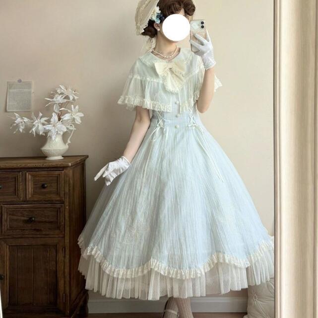 ロリータ ワンピースlolitaドレス レディース 水色 リボン マキシ丈ロリータワンピース チュール Lolita可愛いロリータドレス 森ガール 日系 イベント コスチューム 撮影衣 学園祭 文化祭
