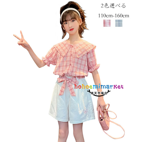 Top & Bottom Sets - 韓国子供服 セットアップ 夏服 かわいい 上下セット 女の子 チェック柄 シャツ 半袖 ショートパンツ 2点セット キッズ パンツセット ピンク ブルー お姫様 双子 姉妹 結婚式 イベント