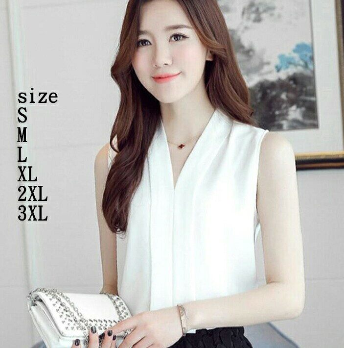 Work Clothes （Office） - 4色 Vネック 上品 品質良い シフォン トップス ノースリーブ レディースシャツ 無地 エレガント 夏秋 ブラウス 新着 セレモニー フォーマル 通勤通学 S~3X ママ 母の日 フォマール