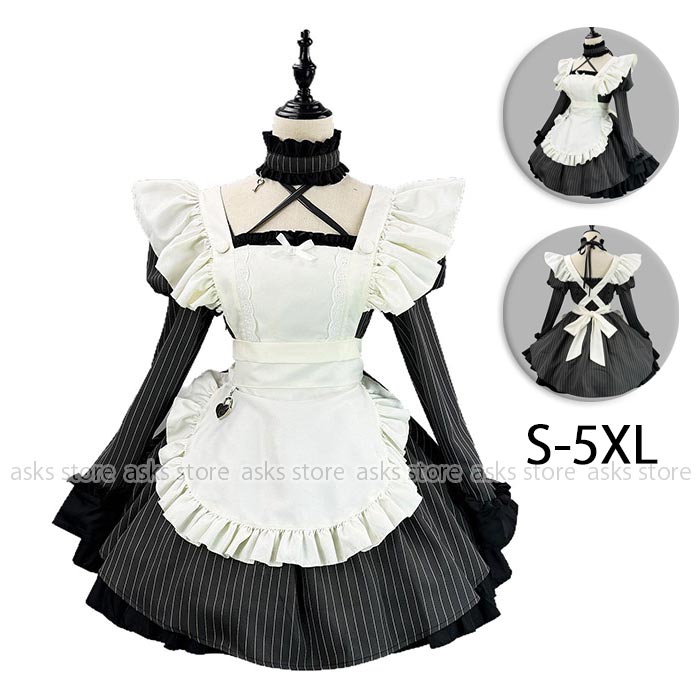 コスプレ衣装 ロリータ 長袖 ワンピース 縦縞 エプロン チョーカー ロリータドレス メイド服 ウェイトレス コスチューム 可愛い フリル 洋服 喫茶店 仮装 カフェ ドレス アニメ メイド