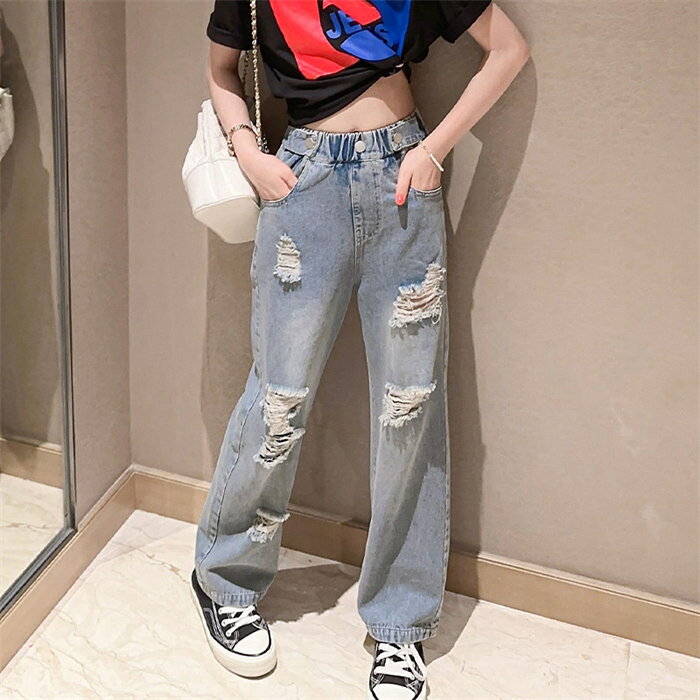 Long-Trousers, Trousers - 子供服デニムパンツ女の子 ダメージ加工デニムパンツロングパンツ キッズ服 子供ジーンズルーズパンツガールズファッションカジュアルパンツフットウェア こども ズボン こども 子供ジーンズルーズパンツガールズファッションカジュアルパンツフットウェア キッズ服