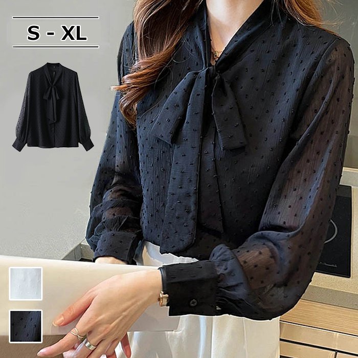 Blouses - ブラウス レディース 長袖トップス シャツ やや透け 可愛い リボン 体型カバー 春 秋 オフィス カジュアル きれいめ おしゃれ 通勤 通学 レディースファッション 20代 50代 40代 30代