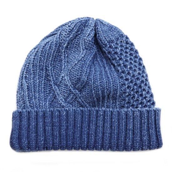 ROTOTO ロトト|ARAN CABLE INDIGO WATCH CAP (ライトデニム)(インディゴ染め糸のケーブル編みニット帽)