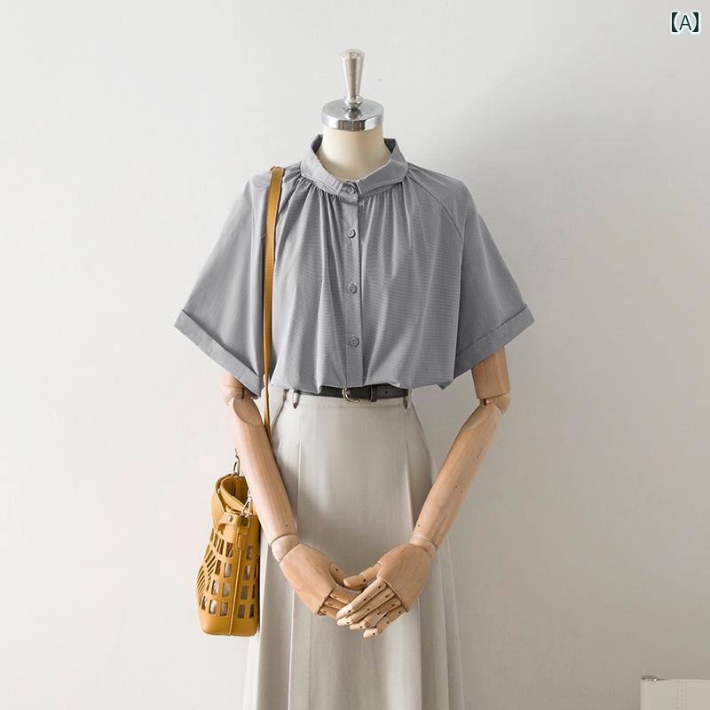 女性の ための レトロな チェック 柄 半袖 シャツ 2024 新しい 夏の デザイン ルーズで スリムな 韓国 スタイルの 多目的 通勤 シャツ