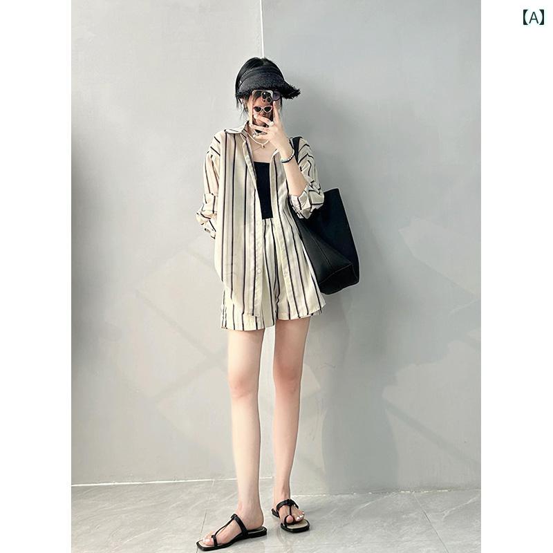 夏 ストライプ ツーピース 長袖 ゆったり 薄手 シャツ ショート パンツ ファッション セット