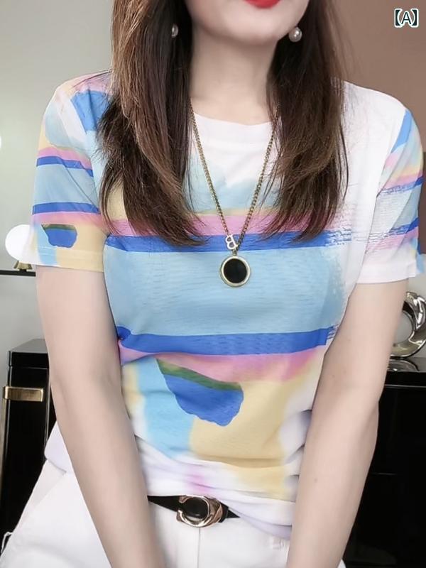 夏の新 スタイル アイス シルク メッシュ 半袖 T シャツ 女性の ための ヨーロッパ スリムフィット ショルダー ガーゼ ドレス 西洋 シックな トップ