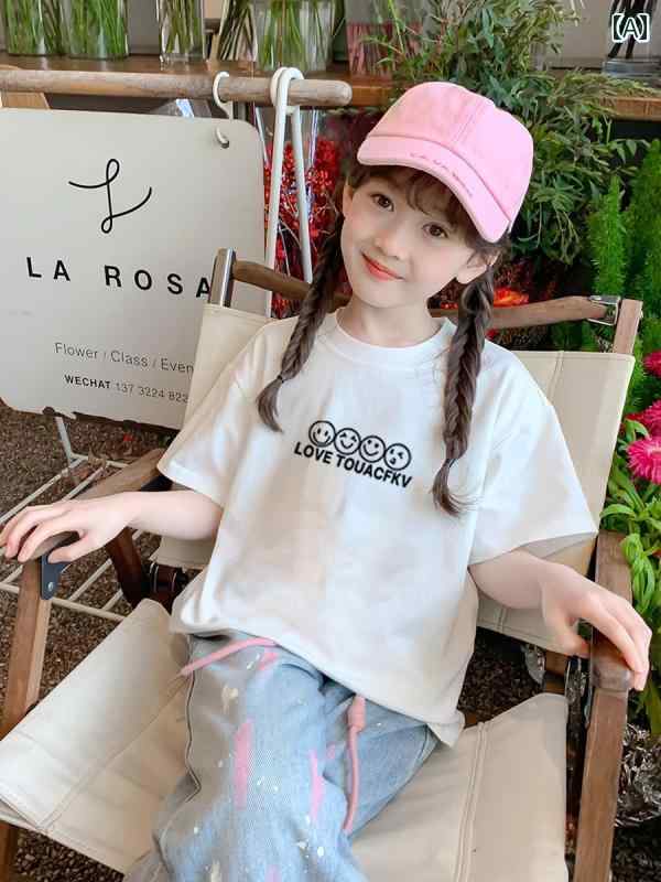 女の子 白 底 シャツ 夏 2024 新しい 子供 半袖 T シャツ中大 子供 女の子 純粋な 綿 T シャツ トップ