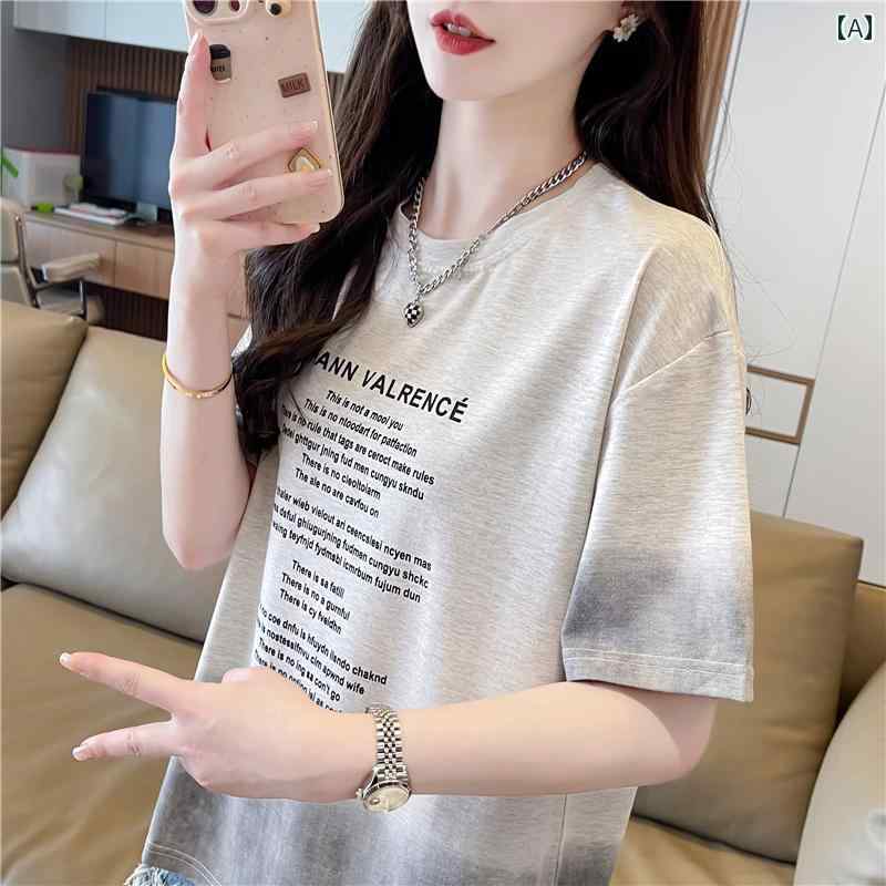 大きい サイズの 女性の グラデーション 半袖 T シャツ 女性の 夏 服 2024 新しい ゆったりと 小さい デザインの 絞り 染め トップのサムネイル