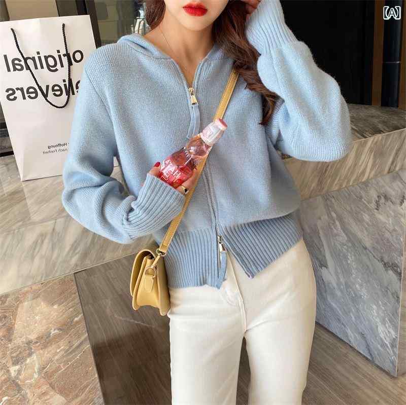 黒の フード 付き トレーナー ジッパー セーター カーディガン 女性の小さな ニット ジャケット 秋と 冬の 新しい 底 インナー トップ