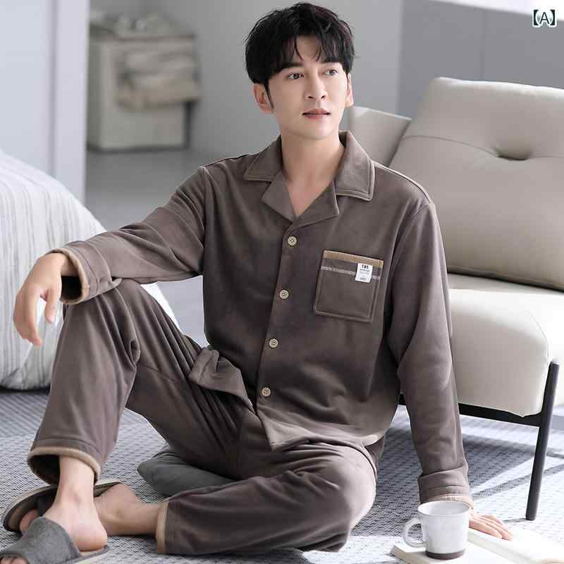 春と 秋の 男性用 パジャマ、 アイランド ベルベットの 暖かい 長袖 コーラル ベルベットの ホーム 服、 男性の 秋と 冬の 厚みの ある ベルベットの スーツ