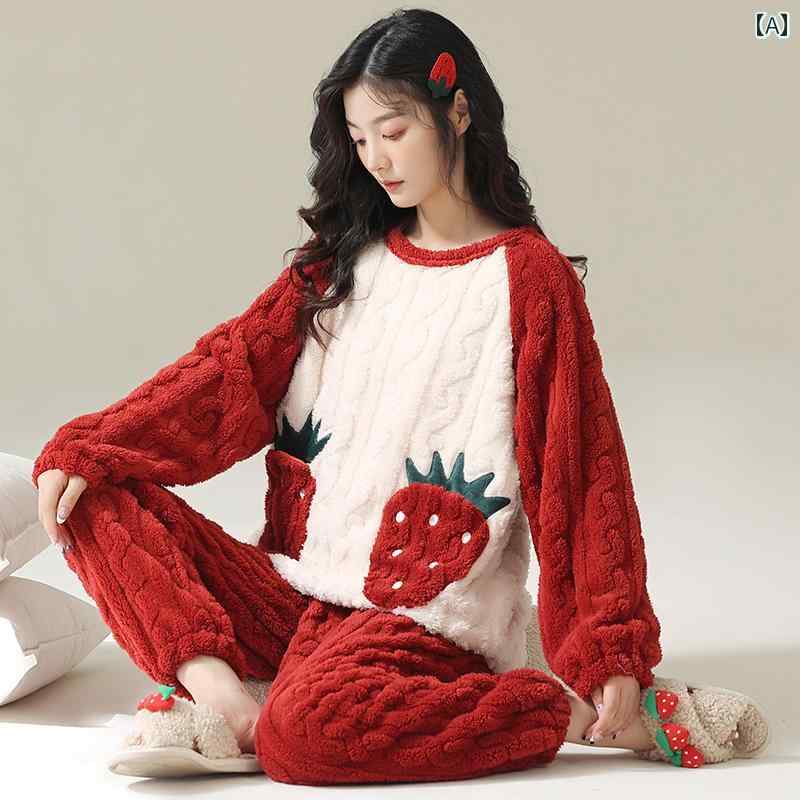 女性の ための コーラル ベルベット パジャマ 2024年 冬 新しい 女性の 甘くて かわいい イチゴ フランネル 秋と 冬の ホームウェア セット