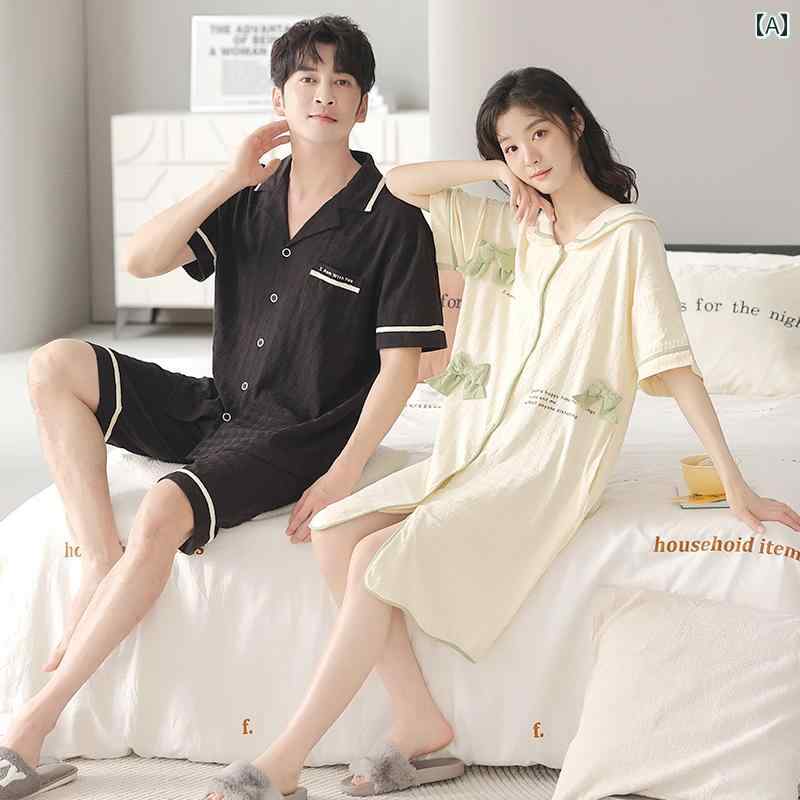 高級 カップル パジャマ 夏 純 綿 半袖 2024 新しい スタイルの 薄い ナイトガウン 男性と 女性の ための 夏の 家の 服の 外で 着用 できます