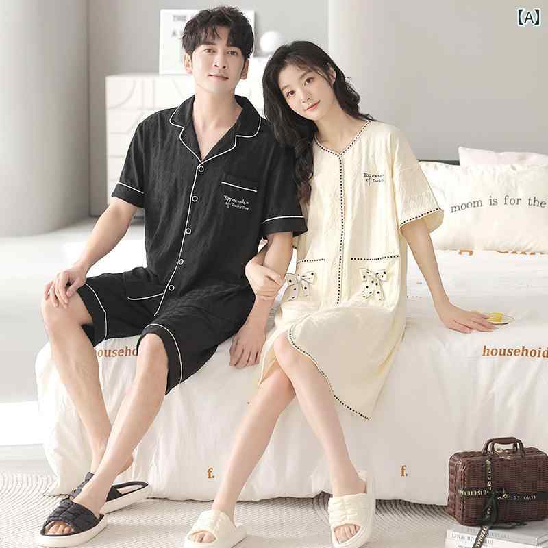 ハイ エンドの カップル パジャマ 夏 スタイルの 純粋な 綿 半袖 2024 新しい 男性と 女性が 着用 できる 薄い ナイトガウン ホーム 服 セット