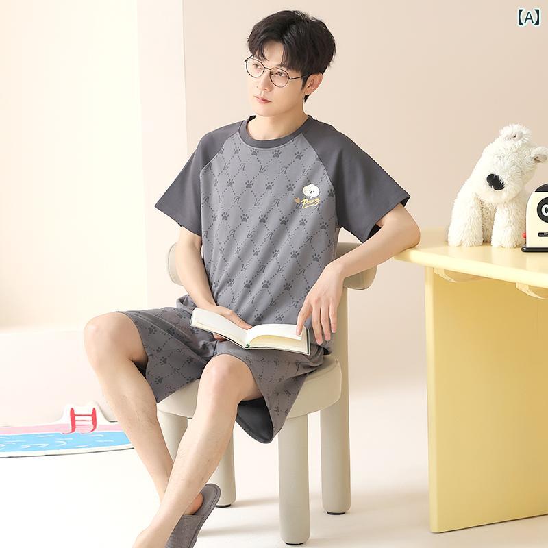 男性用 パジャマ 純粋な 綿 半袖 夏 かわいい 漫画 男性の 薄い 2024 新しい 若者 トレンディな ホームウェア セット