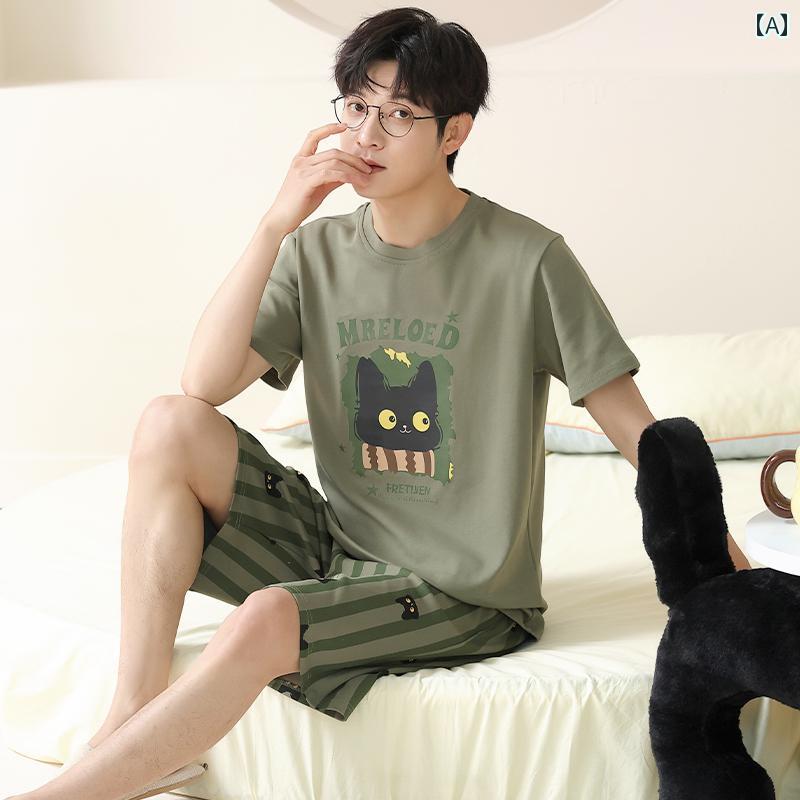 パジャマ メンズ 純 綿 半袖 ショート パンツ 夏 薄い メンズファッション 漫画 若者は 家の 外で 着用 できます 服 セット