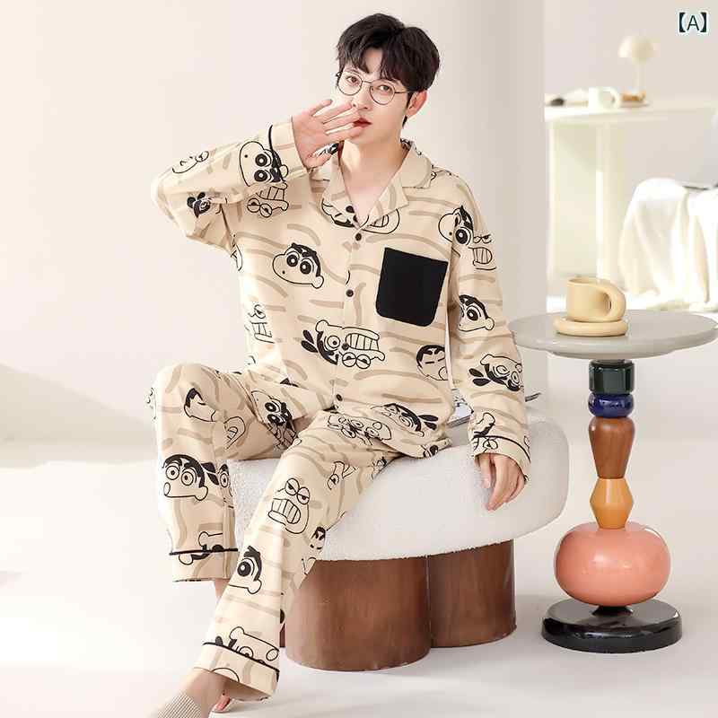 パジャマ セット メンズ 純粋な 綿 長袖 ズボン 2024 新しい メンズ 漫画 カジュアル 大きい サイズ 緩い 薄い ホーム 服