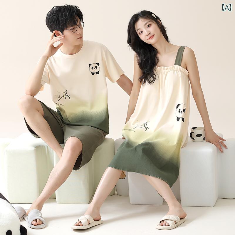 カップル用 パジャマ、 夏用 純 綿 半袖 ショーツ、 女性用 パッド入り サスペンダー、 かわいい ナイトガウン、 男性用 ホームウェア セット