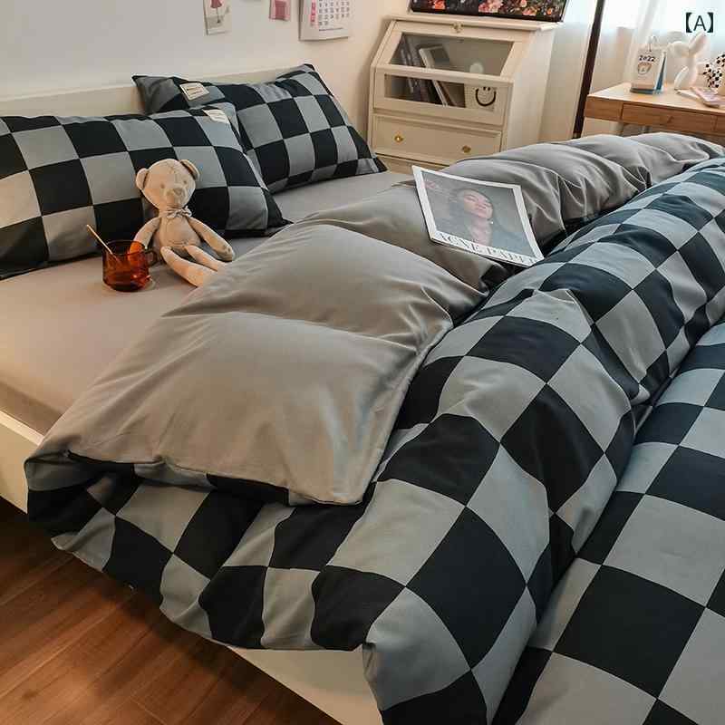 日本の シンプルな イン ブロガー スタイル 市松 チェック 柄 4 点 セット 裸 睡眠 キルトカバー 1 . 5 寮 ベッド シーツ 3 点 セット 学生用