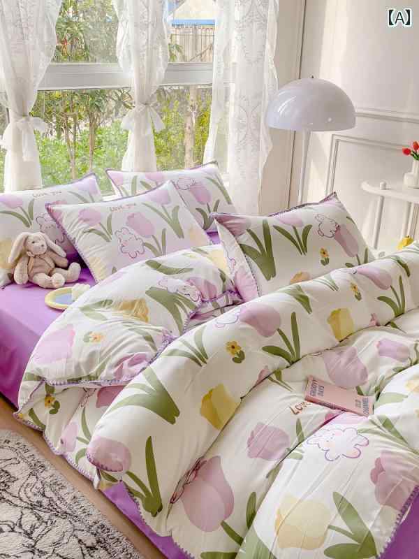 イン スーパー ソフト 二 重層 糸 洗浄 綿 パープル チューリップ ウサギ キルトカバー 4 点 セット ガーリー ハート ベッド シーツ 3 点 セット 1 . 8