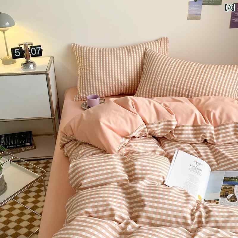 Ins スタイル 文学 ブロガー ピンク チェック 柄 ウォッシュド コットン 4 点 ベッド シーツ セット 1 . 8メートル 3 点 セット 学生 キルトカバー ベッド シート 3