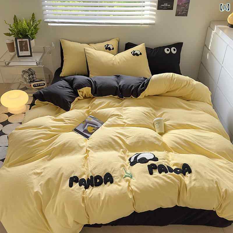 イン ガール チーズ イエローと 黒の かわいい パンダ タオル 刺繍 ウォッシュ コットン 4点 セット 1 . 8 ベッド シーツ キルトカバー 3点 セット