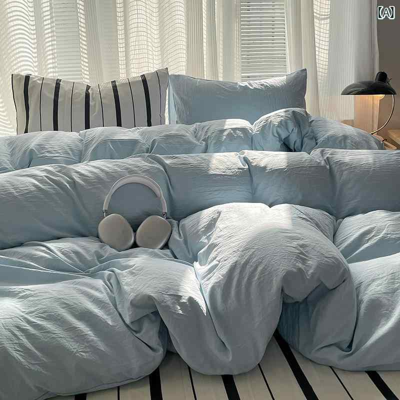 イン 韓国 ドーパミン小さな 新鮮な ライト ブルーの 洗浄 綿 ストライプ シーツ 4 点 セット 1 . 5メートル 3 ピース キルトカバー