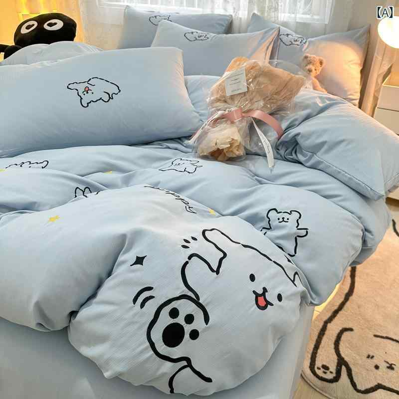 シンプルな ヘイズブルー イン かわいい 漫画 白 4 点 セット 洗浄 綿 1 . 5メートルの ベッド シーツと キルトカバー 寮の 3 点 セット