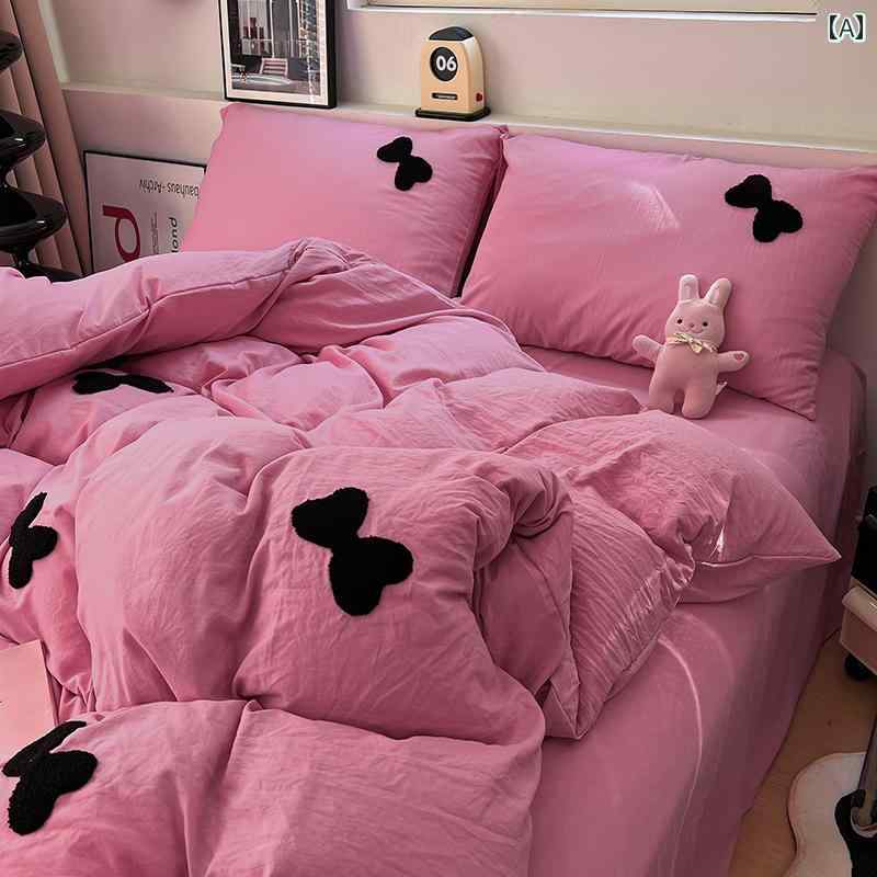 イン シンプル ガーリー ローズレッド ラブ リボン タオル 刺繍 ウォッシュ コットン ベッド シーツと 掛け布団 カバーの 3点 セット 1 . 8