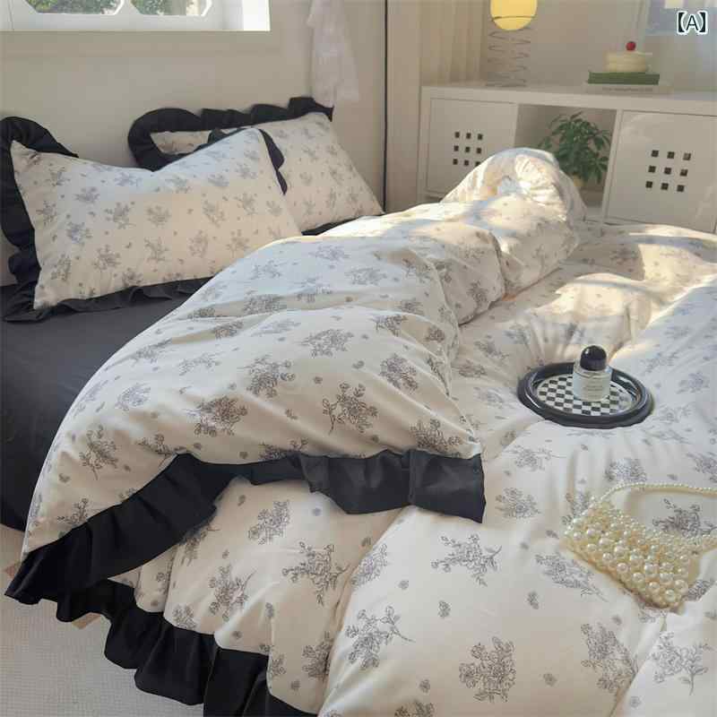 韓国 スタイル イン ヘボン スタイル ブラック レース スケッチ 洗浄 綿 4 点 セット 1 . 8メートル ベッド シーツ キルトカバー 3 ピース ボックス シーツ セット