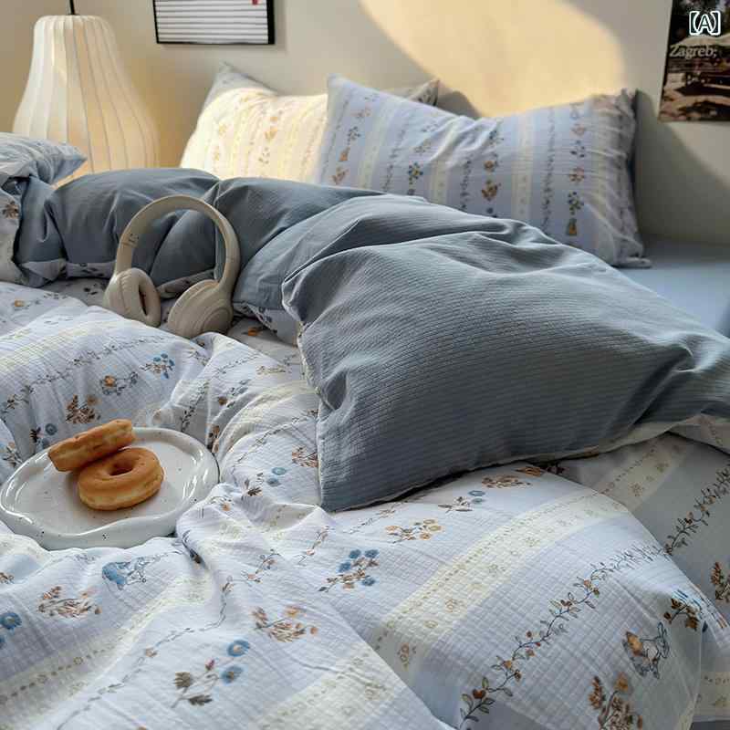 韓国 風 インス小さな 新鮮な 牧歌的な小 花柄 バブル ウォッシュ コットン ベッド シーツと 掛け布団 カバーの 4点 セット 1 . 8 ドミトリー 3点 セット