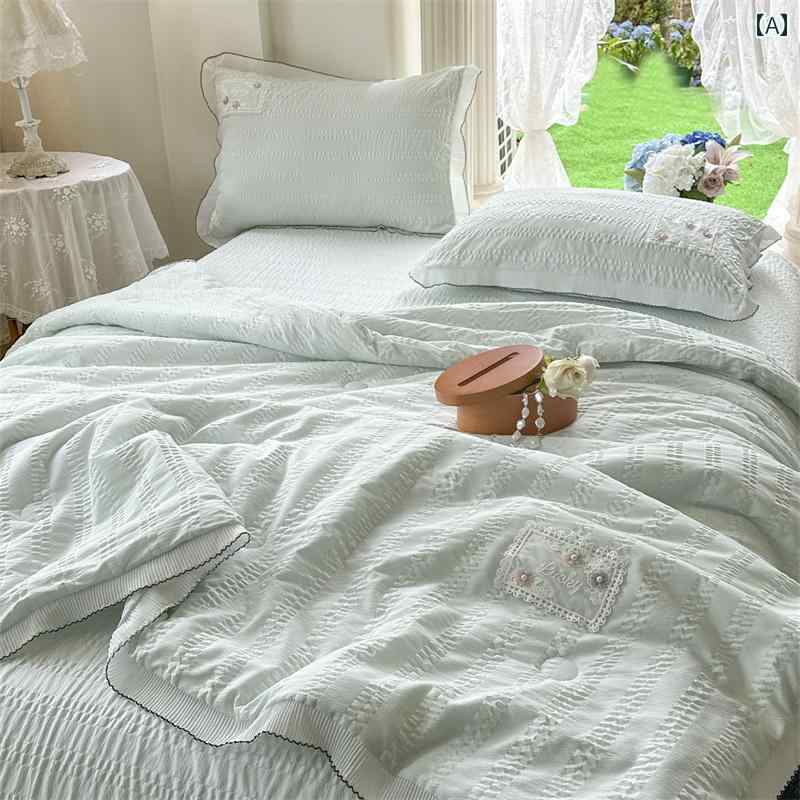 韓国 イン フレッシュ クリーム グリーン レース バブル コットン 夏 クール キルト 4 ピース 夏の 薄い キルト ダブル 空調 キルト