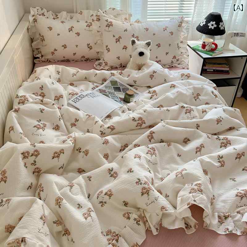 イン フレンチ レトロ レース 小花 バブル コットン サマー クール キルト 4 ピース 夏 エアコン キルト ダブル 薄い キルト