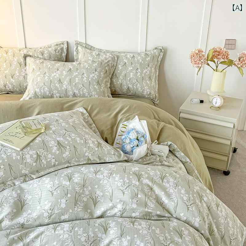 フレンチ レトロ スタイル イン ガール 牧歌的な小さな 花柄 洗浄 綿 ジャカード 4 ピース ベッド シート キルトカバー ベッド シート 1 . 8メートル