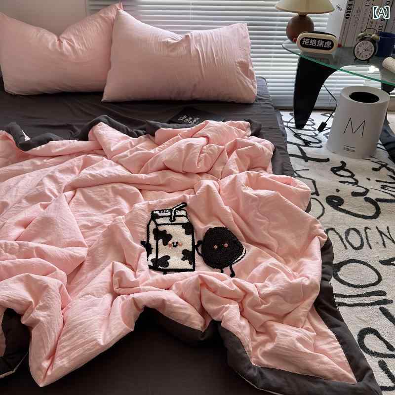 甘くて クールな ガーリー ピンクの かわいい 漫画 タオル 刺繍入り 夏 涼しい キルト 4点 セット ウォッシュ コットン 夏用 エアコン キルト 薄手 キルト