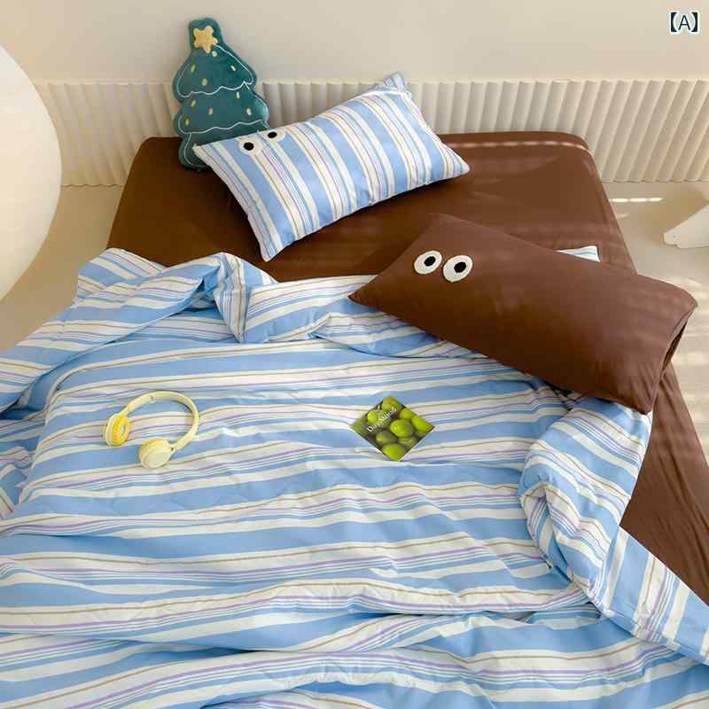 イン 韓国 ドーパミン大きな 目 ストライプ ブルー ダーク コーヒー 夏 クール キルト 4 ピース 夏 薄い キルト エアコン キルト